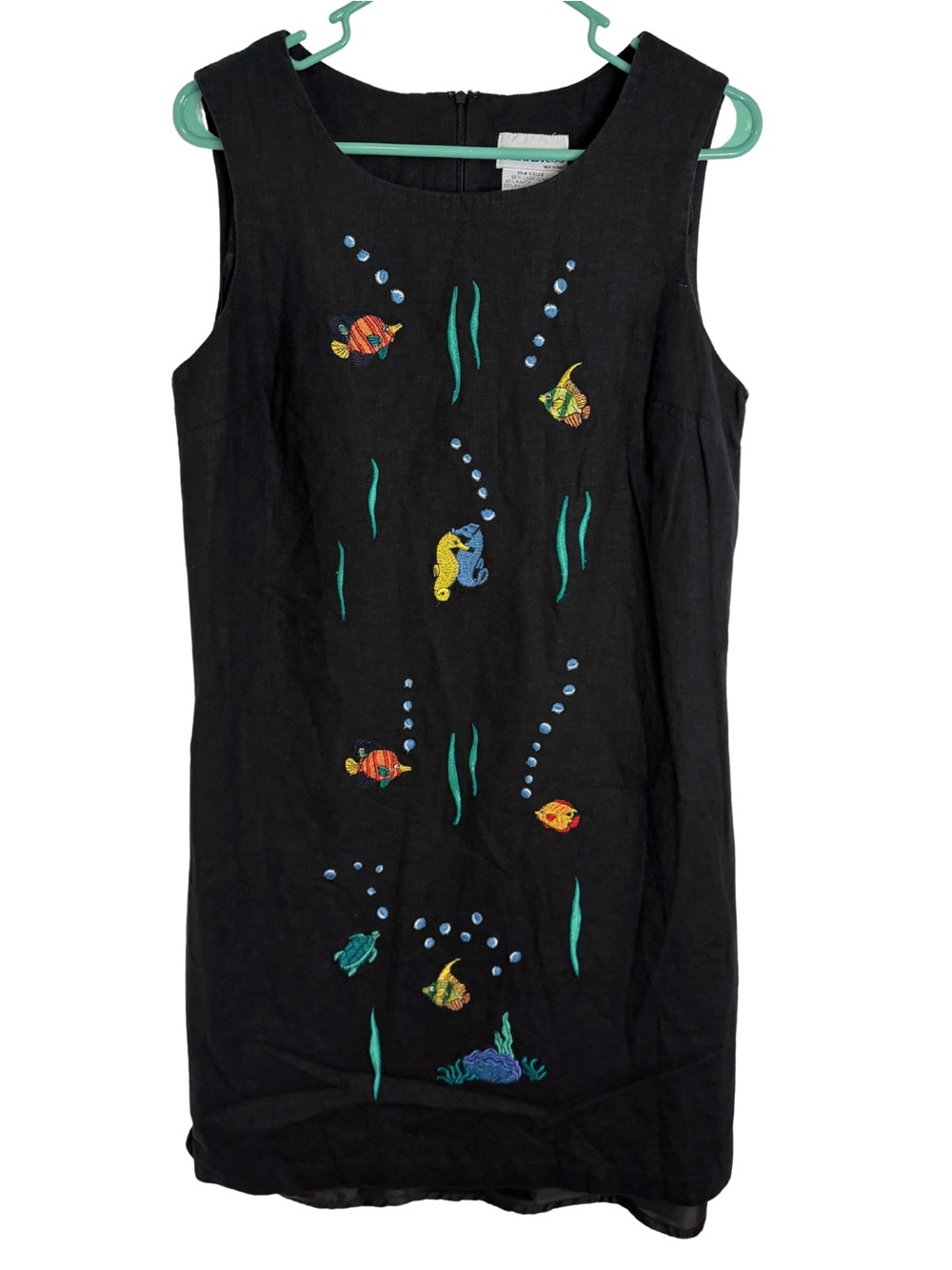 3/$20 Ultra Dress Linen Blend Black Sleeveless Embroidered Fish Dress Size 12